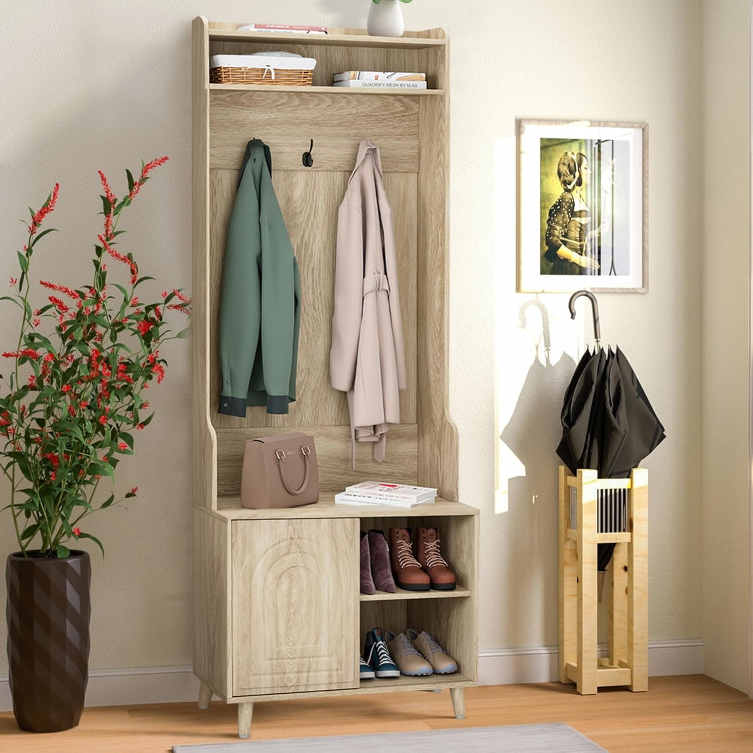 Hall Tree with Bench and Shoe Storage, 4-in-1 Entryway Bench with