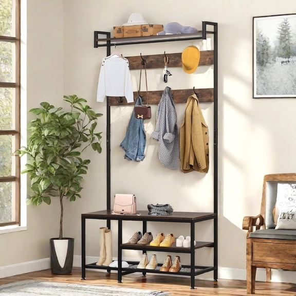 Hall Tree With Bench and Shoe Storage, 5 in 1 Entryway With Coat Rack, 71'' Wooden Metal Coat Tree With 14 Hooks, Shoe Storage and Wall Rack for Hallway Mudroom Bedroom (Rustic Brown)