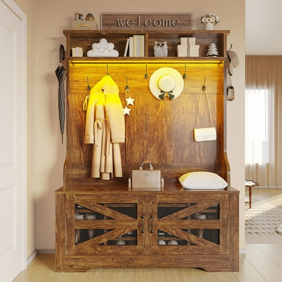 Hall Tree with Bench and Shoe Storage, 5-in-1 Entryway Bench with Coat Rack, 10 Shoe Cubbies & 9 Coat Hooks, Barn Door & Adjustable Shelf, Rustic Brown