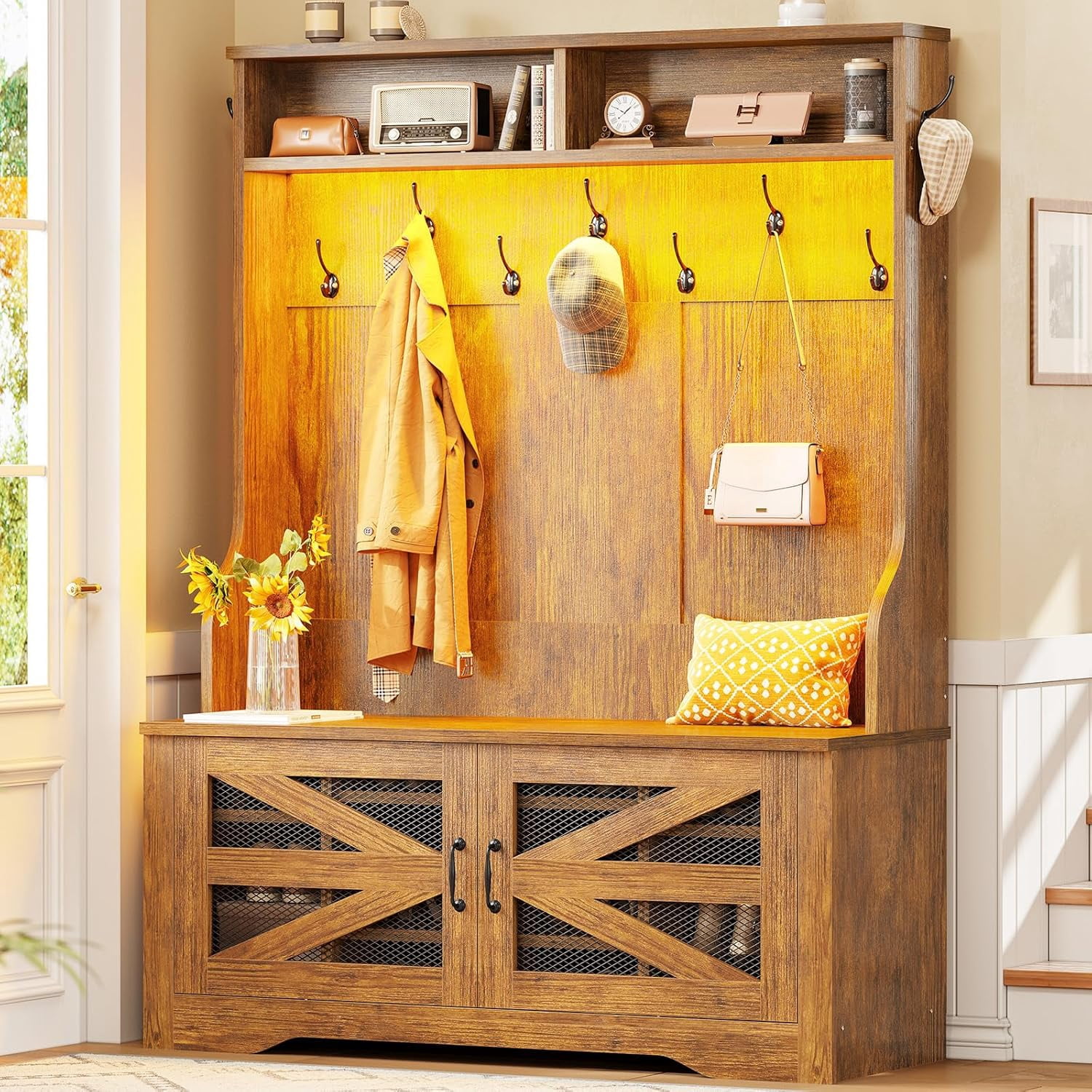 Hall Tree with Bench and Shoe Storage, 5-in-1 Entryway Bench with Coat ...