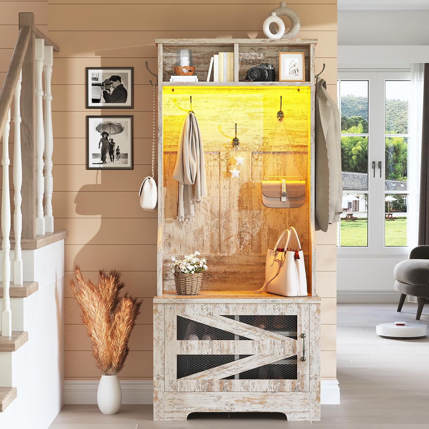 Hall Tree with Bench and Shoe Storage, 5in1 Entryway Bench with Coat