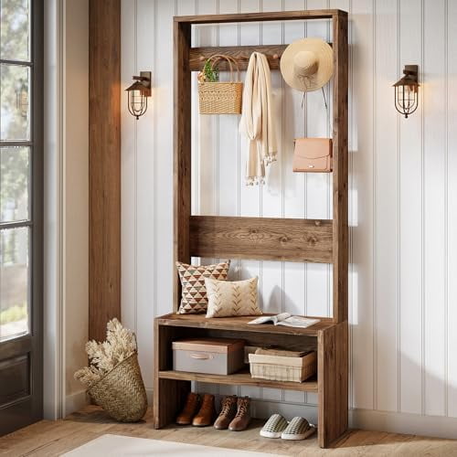 Hall Tree with Bench and Shoe Storage, 70.8 Tall Freestanding Coat Rack with Shoe Bench, Farmhouse Narrow Entryway Organizer with 7 Hooks & 2 Shelves for Mudroom, Hallway, Brown