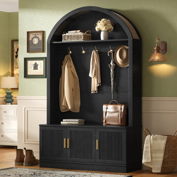 Hall Tree with Bench & Shoe Storage,75" Arch Entryway Coat Rack with 5 Metal Hooks & Adjustable Shelve,Farmhouse All-in-One Mudroom Furniture for Hallway,Mudroom,Living Room,Black