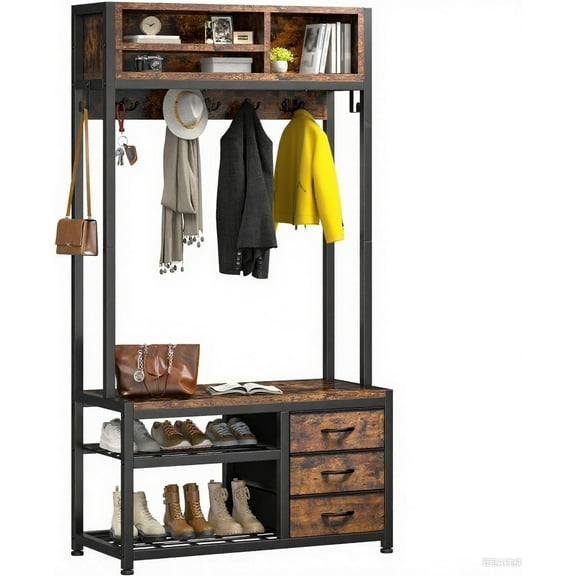 Hall Tree with Bench and Shoe Storage, Coat Rack Freestanding with 3 Fabric Drawers, Entryway Bench with Shoe Storage, Hall Tree with 12 Hooks for Hallway, Rustic Brown