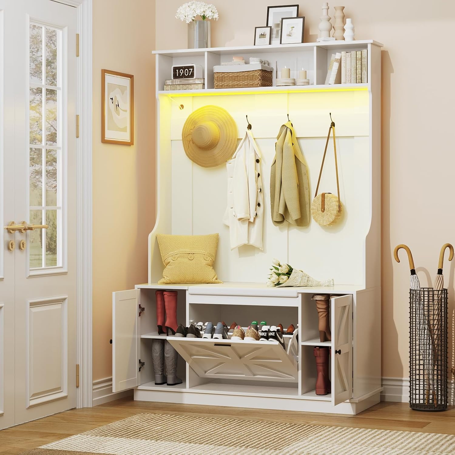 Tree Shoe Rack Hall Tree with Bench and Shoe Storage, Coat Rack with Shoe Bench, 6 ...