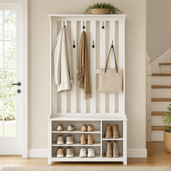 Hall Tree with Bench and Shoe Storage, Coat Rack with Shoe Bench, 7 Double Hooks for Jackets, Hats, Entryway, Bedroom, Living Room, 13.8 x 31.9 x 70.9 Inches, Rustic White