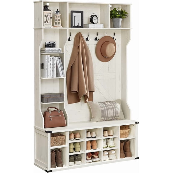 Hall Tree with Bench, 78.8''H Coat Rack Cube Shoe Storage for Entryway Livingroom, Rustic White