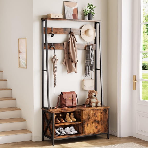 Hall Tree With Bench and Shoe Storage, Coat Rack With Shoe Storage, Wood Look,Coat Rack With Bench, Style, Large 6 Hooks, 31.5" X 15.8" X 71" Retro Brown Color