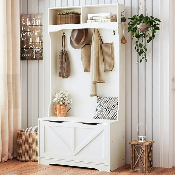 Hall Tree with Bench and Shoe Storage, Entryway Bench with Coat Rack and Shoe Cabinet, Flip-Down Cabinet Door, Coat Rack with Shoe Rack, for Mud Room, White WT84MT01