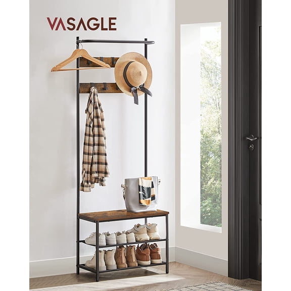 Hall Tree with Bench and Shoe Storage, Entryway Bench with Coat Rack Stand and Shoe Rack, 9 Movable Hooks, Top , Fabric Shelves, Industrial, Rustic Brown and Black UHSR411B01