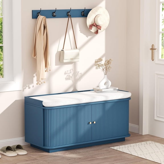 Hall Tree with Bench and Shoe Storage, Entryway Bench with Sliding Door Cabinet, Removable Padded, Metal Wall Hooks and Adjustable Storage Compartments, for Entry, Hallway, Living Room, Blue