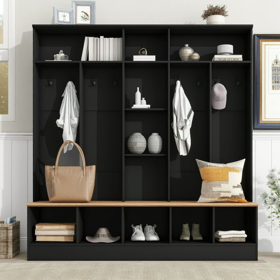 Hall Tree with Bench and Shoe Storage, Entryway Bench with Coat Rack and 10 Open Shelves, Built-in 8 Hanging Hooks, Entryway Bench with Shoe Storage for Living Room, Hallway, Black