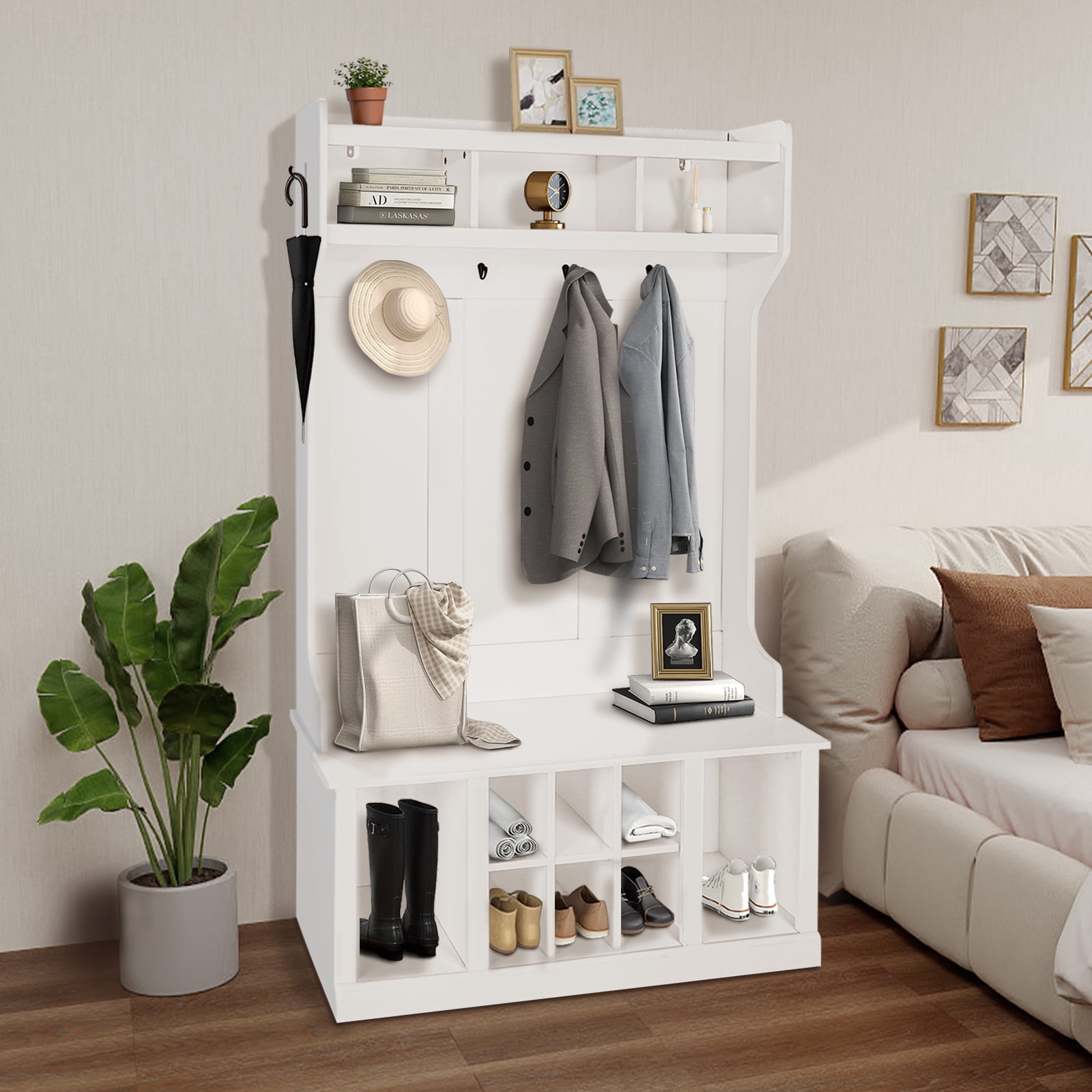Hall Tree with Bench and Shoe Storage Entryway Bench with Coat Rack Mudroom Bench with 8 Open Compartments Side Hooks Top Shelf for Hallway