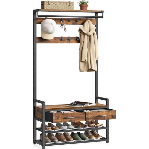 Hall Tree with Bench and Shoe Storage, Entryway Coat Rack with Shoe Bench, 2 Fabric Drawers, 10 Hooks, 11.8 x 31.7 x 71.5 Inches, Vintage Brown and Ink Black UHSR429B01