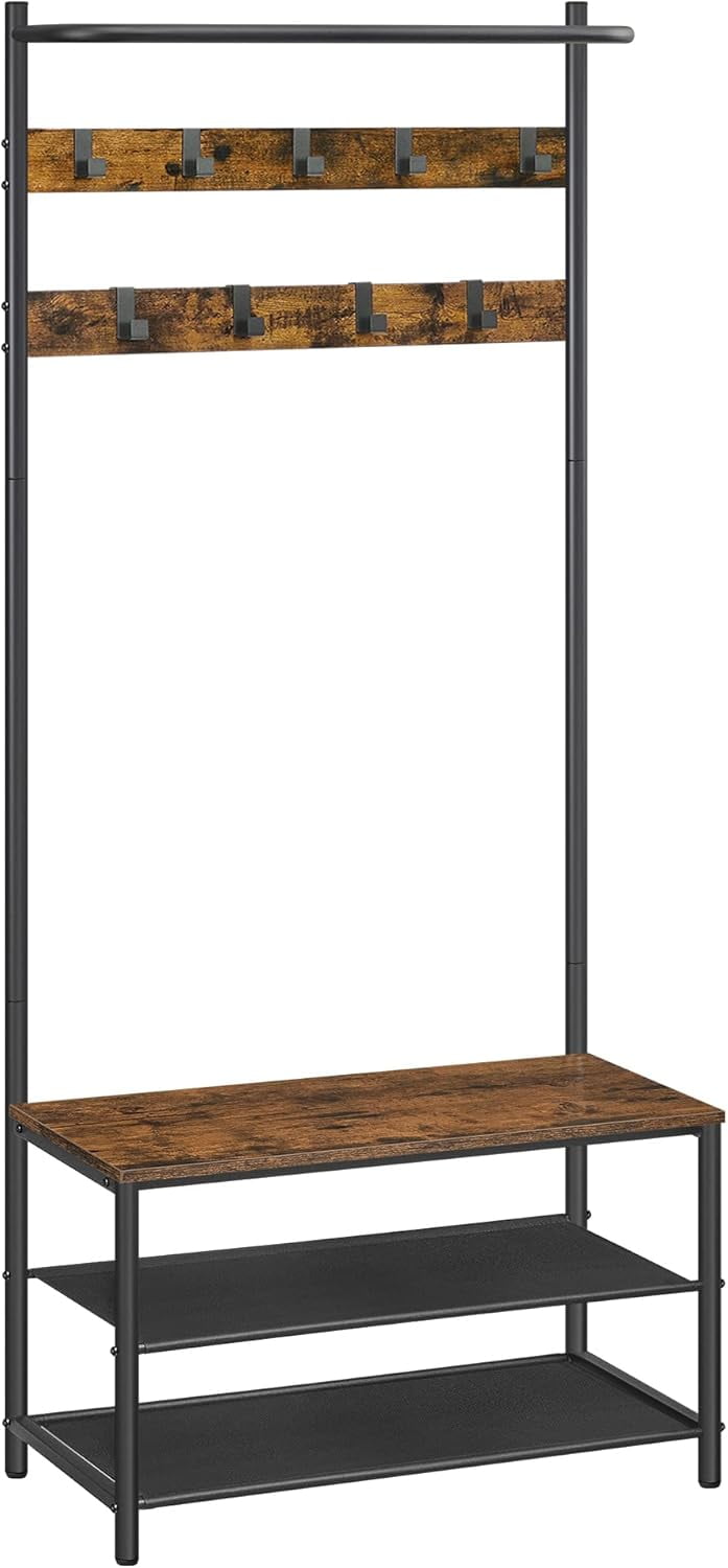 Industrial Black and Rustic Brown Hall Tree with Storage