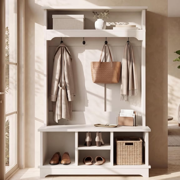 Hall Tree with Bench and Shoe Storage, Entryway Hall Tree, Large Mudroom Bench with Coat and Shoe Rack, 5+ Hooks, Multi Shoe Cubbies & Top Shelf, Sturdy Storage Bench white