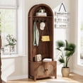 thumbnail image 1 of Hall Tree with Bench and Shoe Storage, Entryway Storage Bench with Coat Rack, 70.9"Arch Coat Rack with 4 Hooks and 2 Fluted Doors, Farmhouse Style Furniture Organizer for Hallway (Walnut, 23.7"W), 1 of 7