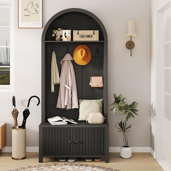 Hall Tree with Bench and Shoe Storage, Entryway Storage Bench with Coat Rack, 70" Tall Mudroom Rack with 4 Double Hooks and and 2 Fluted Doors, hall tree with storage for Hallway, Black