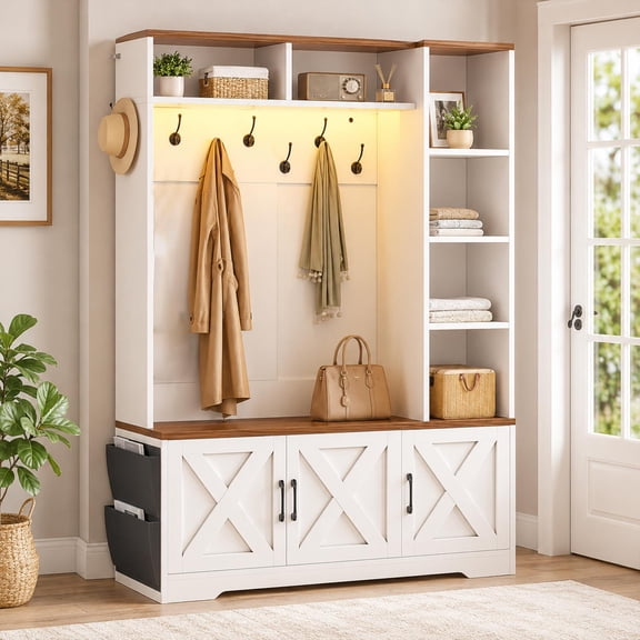 Hall Tree with Bench and Shoe Storage, Farmhouse Entryway Bench with Coat Rack, Shoe Cabinet with Adjustable Shelves, 6 Storage Cubbies, 10 Coat Hooks, Storage Bag, Led Lights, White