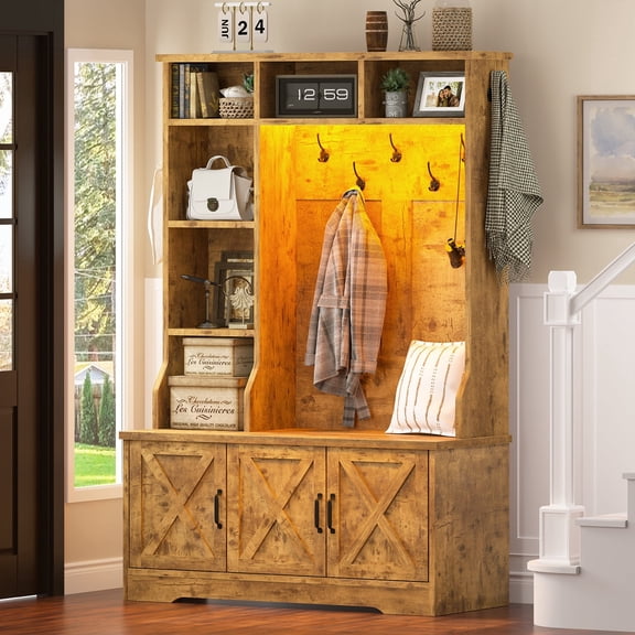 Hall Tree with Bench and Shoe Storage, Farmhouse Entryway Bench with Coat Racks and Led Lights, Tall Hall Tree with 7 Coat Hooks, 6 Storage Cubbies, Adjustable Shelf, Rustic