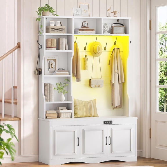 Hall Tree with Bench and Shoe Storage, Farmhouse Entryway Bench with Coat Racks and Led Lights, Tall Hall Tree with 7 Coat Hooks, 7 Storage Cubbies, Adjustable Shelf, White