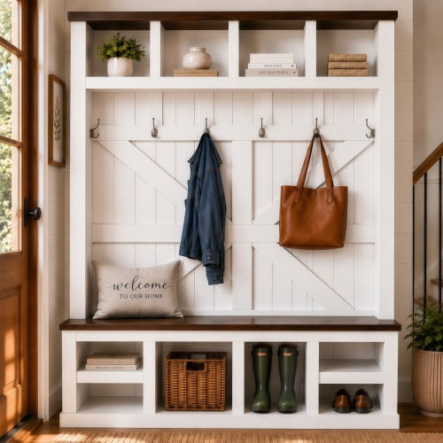 Hall Tree with Bench and Shoe Storage, Farmhouse Entryway Coat Rack with 6 Double Hooks and Cubbies, Adjustable Shelves, Mudroom Hallway Organizer, White Walnut