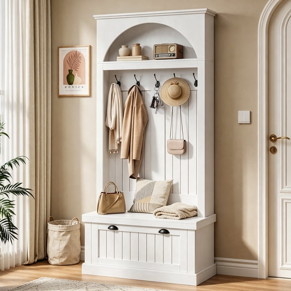 Hall Tree Farmhouse Bench and Shoe Storage Entryway Coat Rack with 5 Hooks, Flip-Door Shoe Cabinet, White, 32.7" x 15.8" x 76.8"