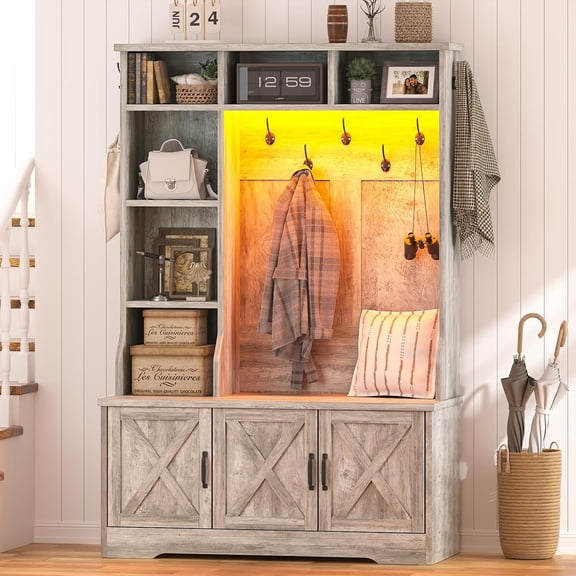 Hall Tree with Bench and Shoe Storage, LED Entryway Bench with Coat Rack | Adjustable Led Lights Hall Tree with 7 Coat Hooks, 6 Storage Cubbies, 5-in-1 Farmhouse Shoe Bench, Adjustable Shelf, Gray