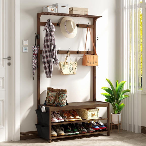 Hall Tree Bench with Shoe Storage, 14 Hooks, Bamboo Frame, Classic 39 L