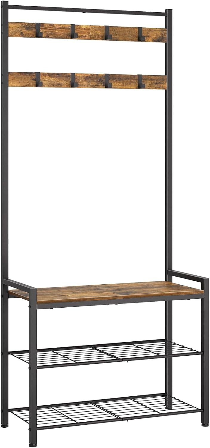 Rustic Brown and Black Hall Tree with Storage Bench