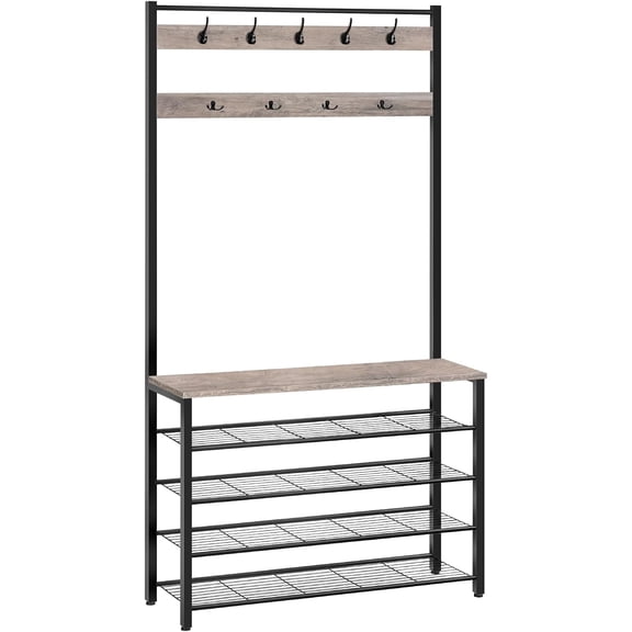 Hall Tree, Coat Rack with Shoe Rack, 39.4" Hall Tree with Bench, 5 Tier Shoe Storage Organizer with 9 Hooks for Entryway, Closet, Sturdy, Industrial, Greige and Black BG801MT01