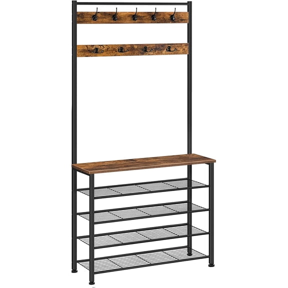 Hall Tree, Coat Rack with Shoe Rack, Hall Tree with Bench, 5 Tier Shoe Storage Organizer with 9 Hooks for Entryway, Closet, Sturdy, Industrial, Rustic Brown and Black BF80MT01G2