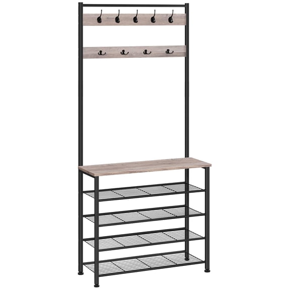 Hall Tree, Coat Rack with Shoe Rack, Hall Tree with Bench, 5 Tier Shoe Storage Organizer with 9 Hooks for Entryway, Closet, Sturdy, Industrial, Rustic Brown and Black BF80MT01G2