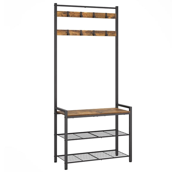Hall Tree Coat Rack With Shoe Bench Entryway Storage Multifunctional Organizer Metal Frame And 8 Movable Hooks For Hallway Rustic Brown Mt01br