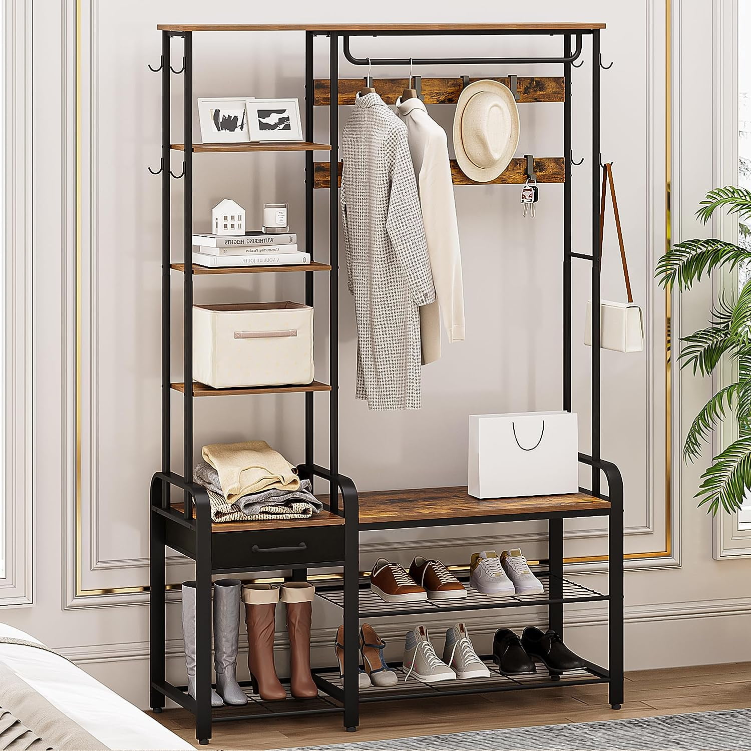 Hall Tree Coat Rack with 3Tier Storage Bench and 1 Drawer 5in1