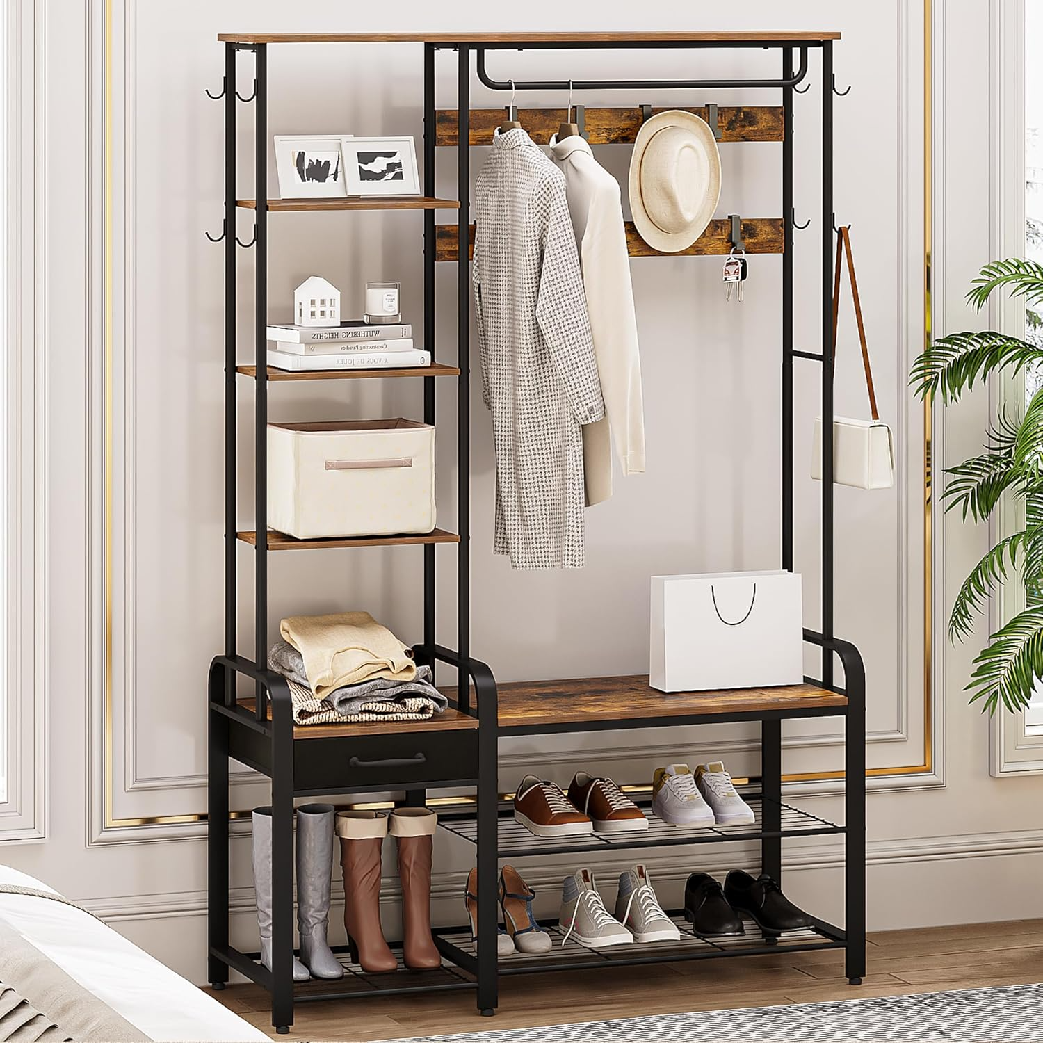 Hall Tree Coat Rack with 3Tier Storage Bench and 1 Drawer 5in1