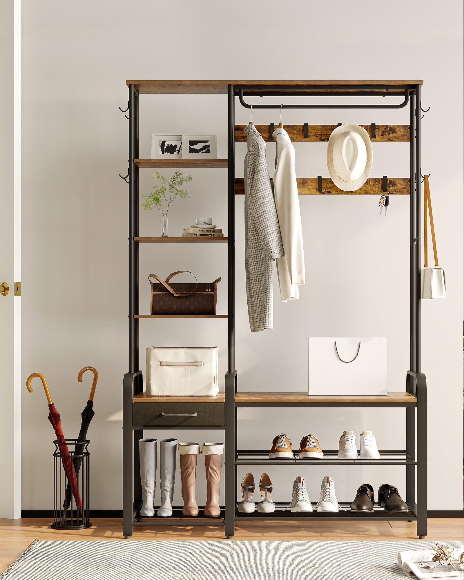 Hall Tree, Coat Rack with 3-Tier Storage Bench and 1 Drawer, 5-in-1 ...
