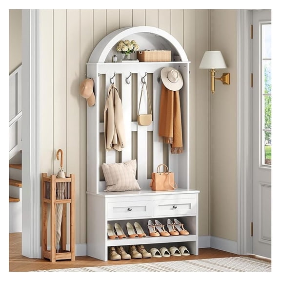 Hall Tree with , Coat and Shoe Rack Entryway, Arched Entryway Organizer with 8 , Coat Rack with Shoe and 2 Drawers for Hallway, Mudroom, Entryway, White