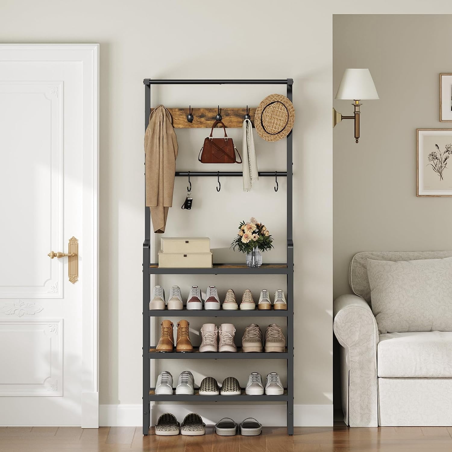 Tree Shoe Rack Hall Tree, Coat and Shoe Rack, Entryway Coat Rack with 4-Tier Wooden ...