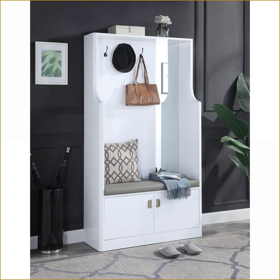 Hall Tree | Contemporary White High Gloss with Storage, Hooks, Mirror | White | Synthetic Wood,Upholstered