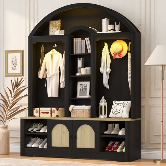 Entryway Wardrobe, Multifunctional Hall Tree with Shoe Rack, Coat Hooks, Open Shelves & Cabinet, Curved Design Modern Foyer Organizer, Black and Natural