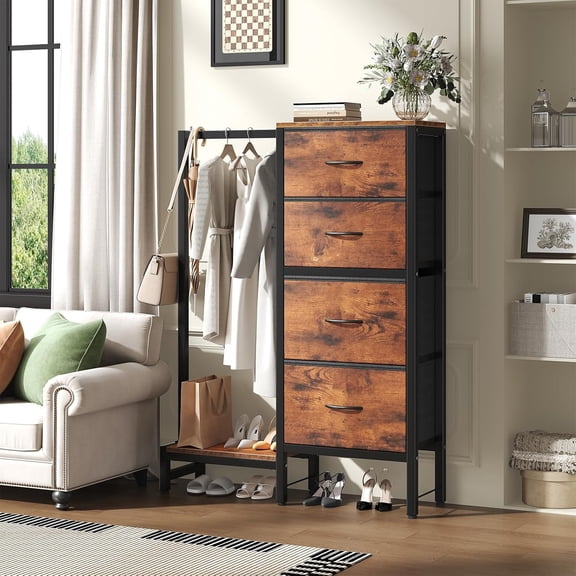 Hall Tree with Drawers, Industrial Coat & Clothes Rack Free Standing, Multi-Functional Clothes Garment Rack with Hanging Rod & Side Hooks for Entryway, Bedroom, Small Space, Brown