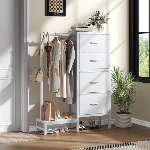 Hall Tree with Drawers, Industrial Coat & Clothes Rack Free Standing, Multi-Functional Clothes Garment Rack with Hanging Rod & Side Hooks for Entryway, Bedroom, Small Space, White