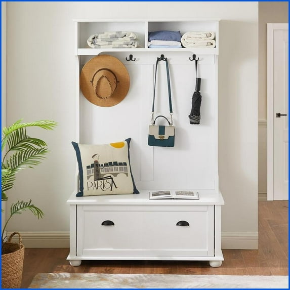 Hall Tree with Shoe Bench & Hooks | Classic Coastal Style, White | Solid Wood Feet & Storage Cubbies | White | MDF