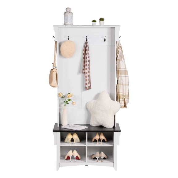 Hall Tree Entryway Bench with Shoe Storage - 32" Wide Mudroom Organizer with 5 Hooks & 4 Drawers - Wooden Coat Rack for Entryway, Hallway, Bedroom - White Finish