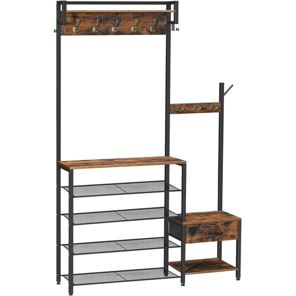 Hall Tree, Entryway Coat Rack Shoe Bench, Shoe and Coat Rack for Entryway, Hall Tree Coat Rack, with Non-Woven Fabric Drawer, for Entrance, Foyer, Rustic Brown and Black BF113MT01