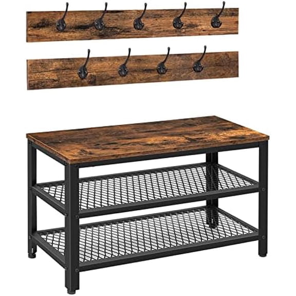 Hall Tree Entryway Storage Bench, Coat Rack Shoe Bench, Shoe Rack Organizer with Coat Hooks, 3-in-1 Design, Wooden Furniture with Metal Frame, Rustic Brown and Black BF17MT01