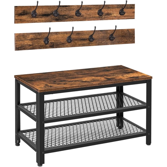 Hall Tree Entryway Storage Bench, Coat Rack Shoe Bench, Shoe Rack Organizer with Coat Hooks, 3-in-1 Design, Wooden Furniture with Metal Frame, Rustic Brown and Black
