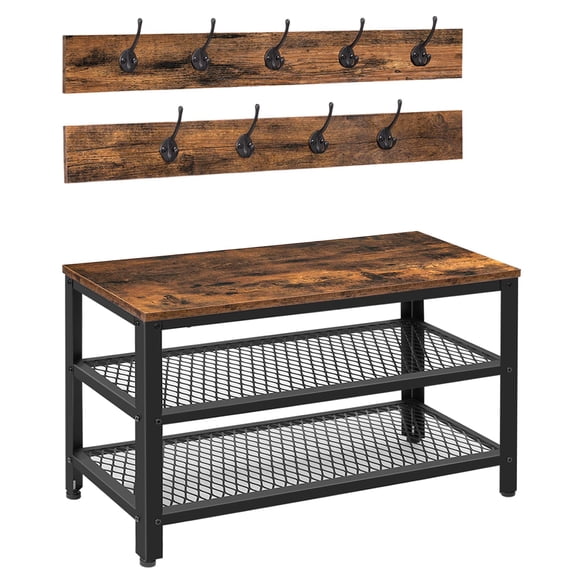 Hall Tree Entryway Storage Bench Coat Rack Shoe Organizer With Hooks 3-in-1 Design Wooden Furniture Metal Frame Rustic Brown And Black Bf17mt01