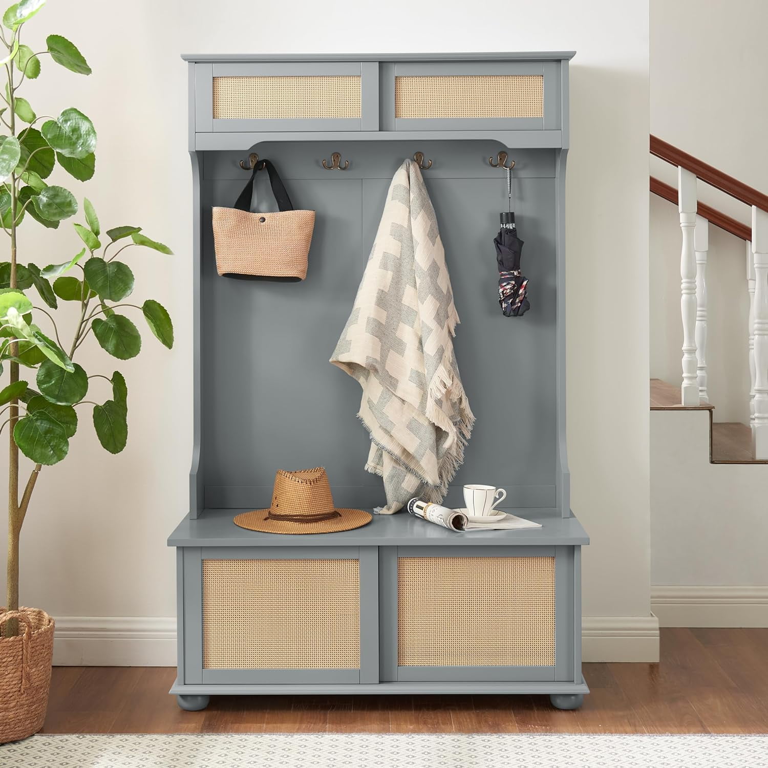 Hall Tree Entryway with Sliding Rattan Door Shoe Storage Cabinets ...